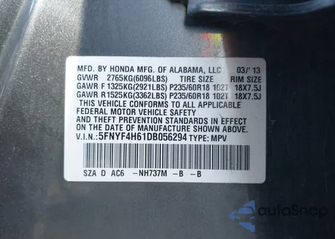 2013 Honda Pilot Ex-L from USA, damaged, VIN 5FNYF4H61DB056294